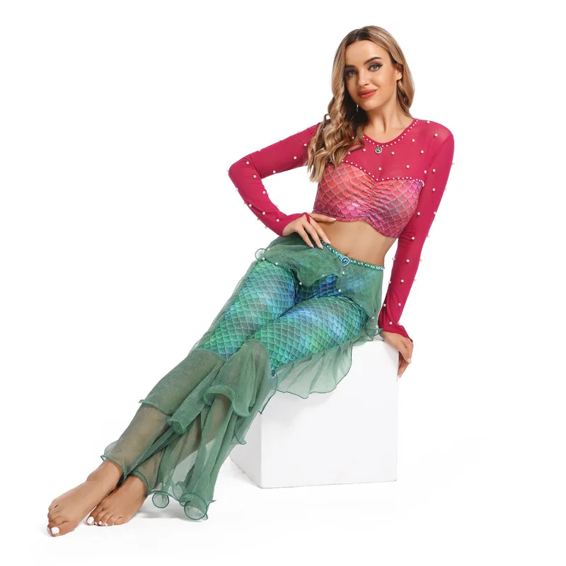 Belly Dance Sexy Mermaid Ariel Princess Costumes Adult Women Halloween Masquerade Uniforms Dress Up Fancy Red Top Ruffle Pants