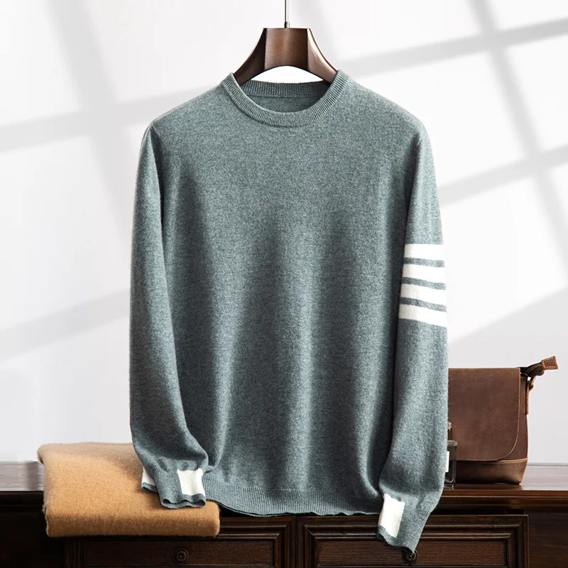 Autumn And Winter New item (100% Cashmere) Men's Round Neck TB Contrasting Color Temperament Versatile Casual Sweater For Men