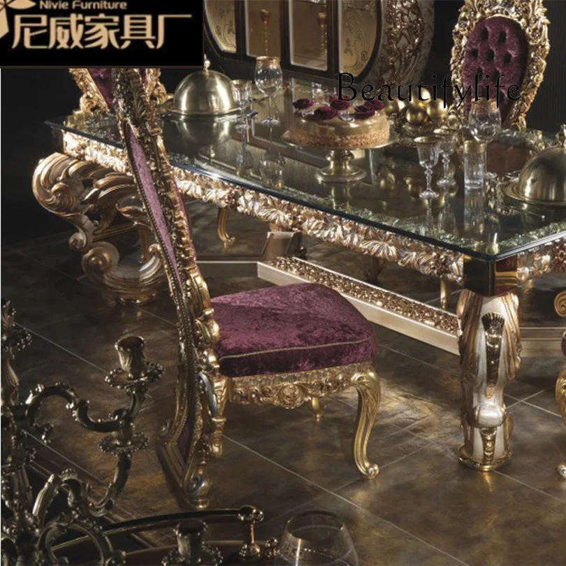 European restaurant French court luxury large apartment pure handmade solid wood carving flower rectangular dining table