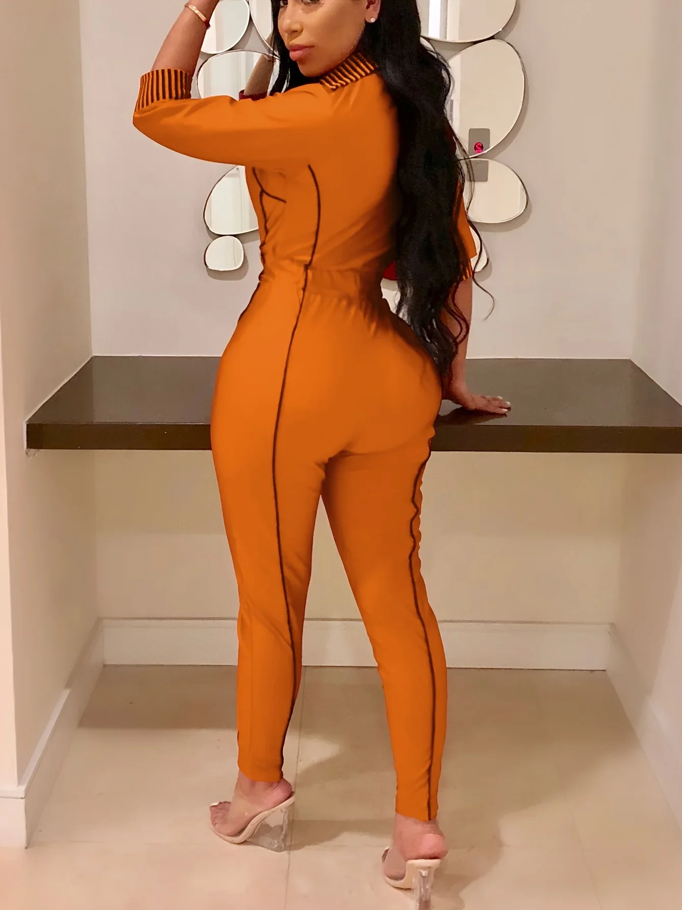 Solid Zipper 3/4 Sleeve Skinny Jumpsuit, Sports Long Length Sexy Party Jumpsuit, Women's Clothing