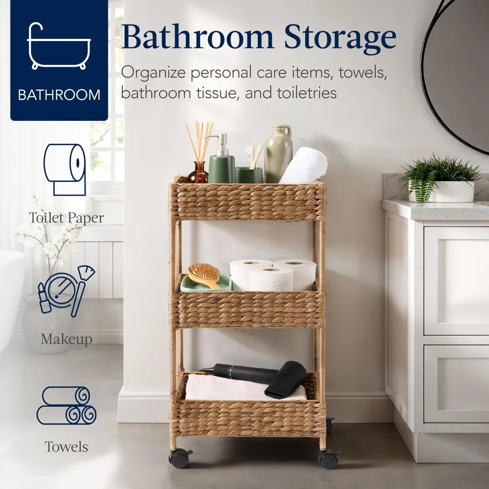 

Трехъярусная тележка на колесиках из водного гиацинта для хранения, органайзер для ванной, рукоделия, прачечной (доставка по США)