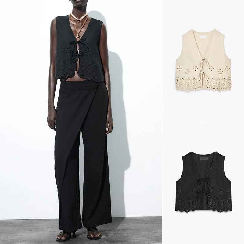 

Летний женский льняной жилет с узлом и вышивкой V-Ne Svel Tank Top, оригинальный дизайн, полиэфирное волокно