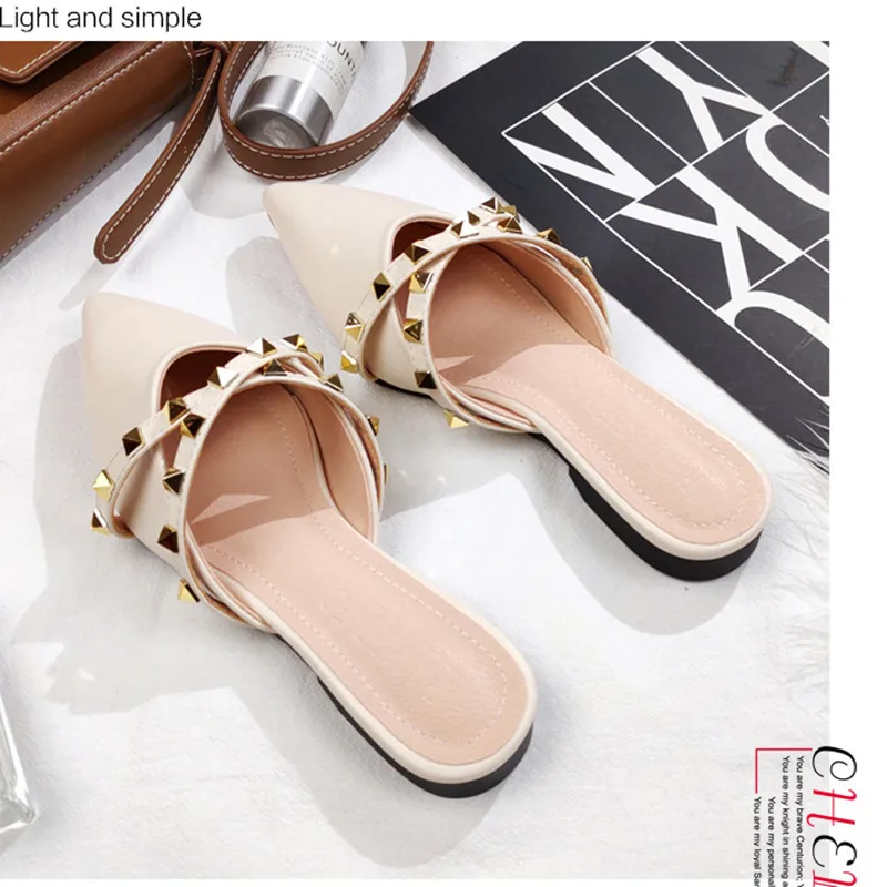 Lady Gold Rivets Slippers No Heels Summer Shoes Pointy Toe Retro Slides Outdoor Wide Fits EU48-33 29cm Footwear Beige Black Cute