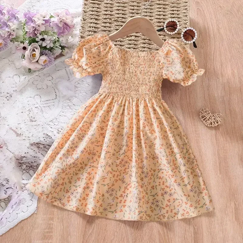 2024 New Summer Girls' Dress Baby Print Flower Dress Elegant Kids Girls Holiday Casual Clothes 2-6Yrs Toddler Kids Party Dresses