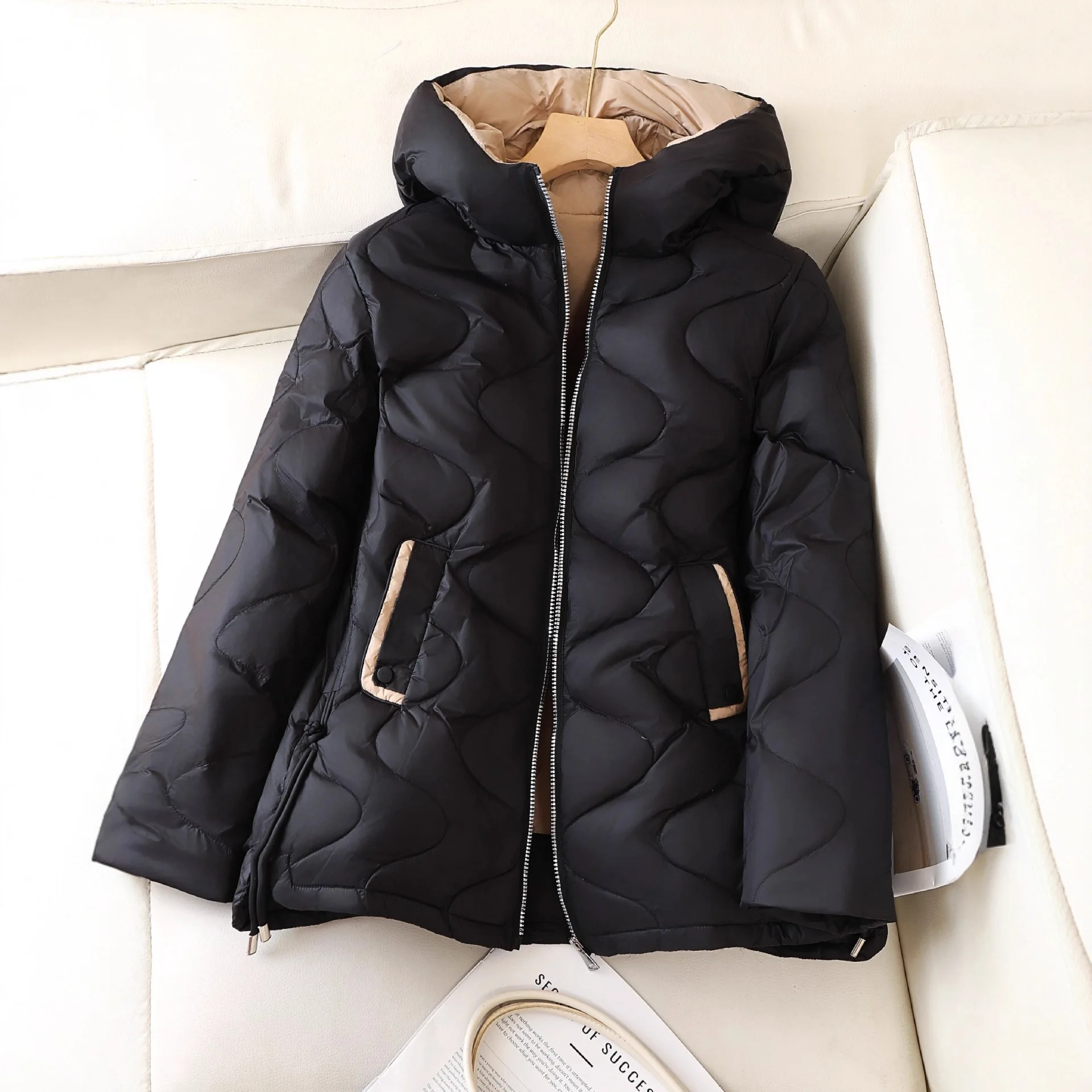 

Winter Mid Length Hooded Puff Slim Down Jacket Female Warm Lightweight Zipper Jacket Women White Duck Down Fluffy Parker Outwear