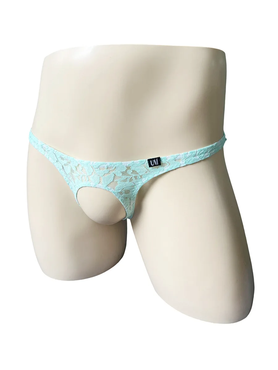 6PC Men's Lace Sheer Thong Underwear, Low Rise Double Thin Strap 3D Contour Pouch Transparent Male T-back G-string Underpants