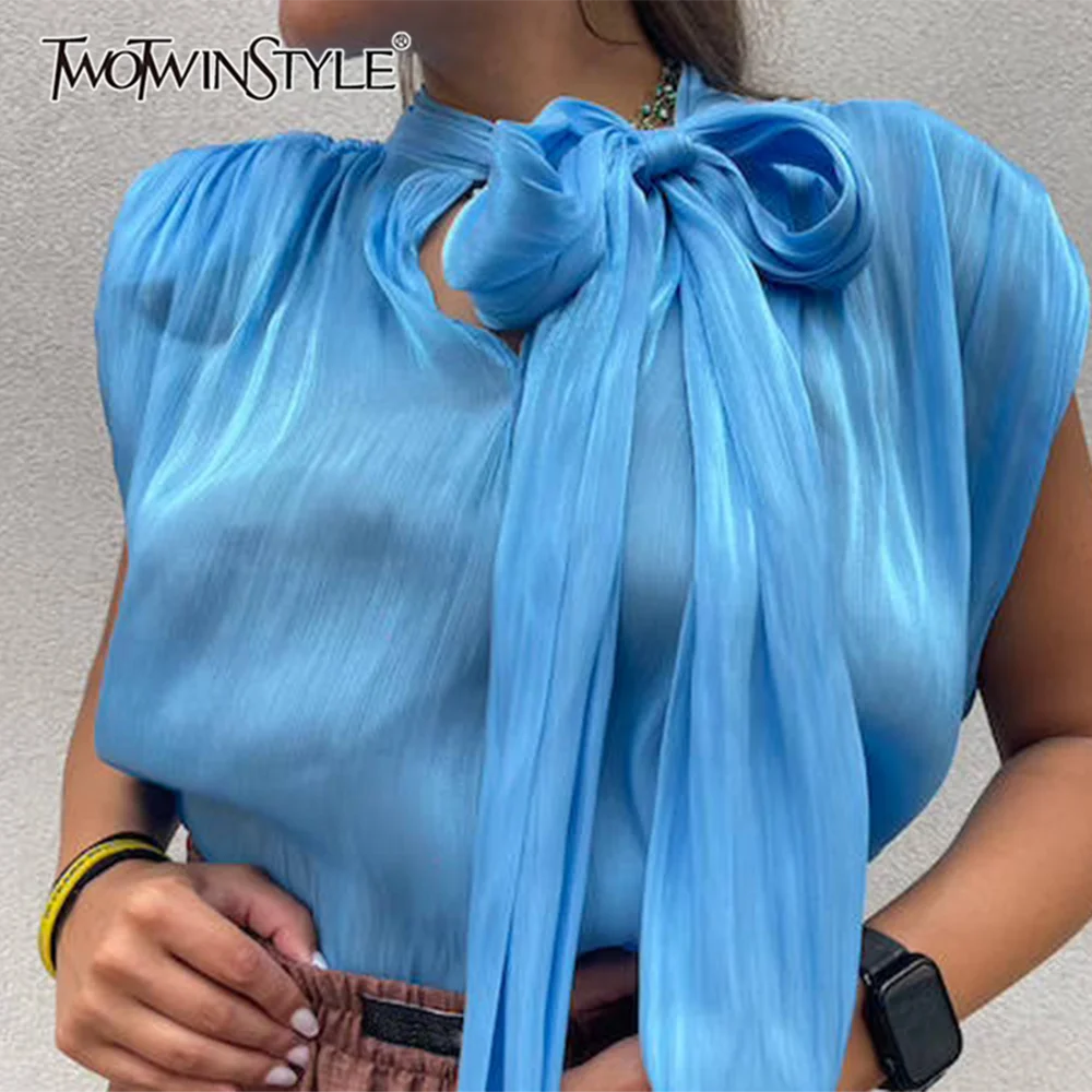 

TWOTWINSTYLE Solid Loose Spliced Bow Elegant Blouses for Women Round Neck Sleeveless Temperament Blouses Female Fashion Clothing