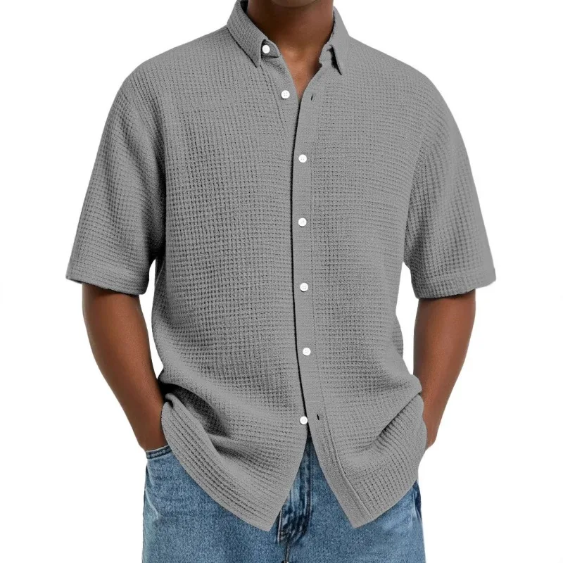 Men's Light Blue Wfle Knit Short-Sleeve Shirt Button-Down Oversized Casual Breathable Daily Top