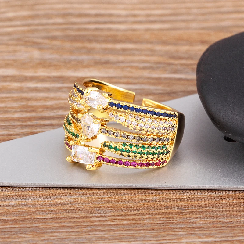 AIBEF Fashion Multi-Layered Finger Rings with Rainbow Zircon Wide Version Gold Color Rings for Women Party Jewelry 2022