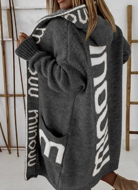 Women\'s Long Hooded Cardigan, Knitted Coat, Letter Pattern Knitwear, Vintage Long Knitwear, Loose, Monochromatic, Casual Sweater