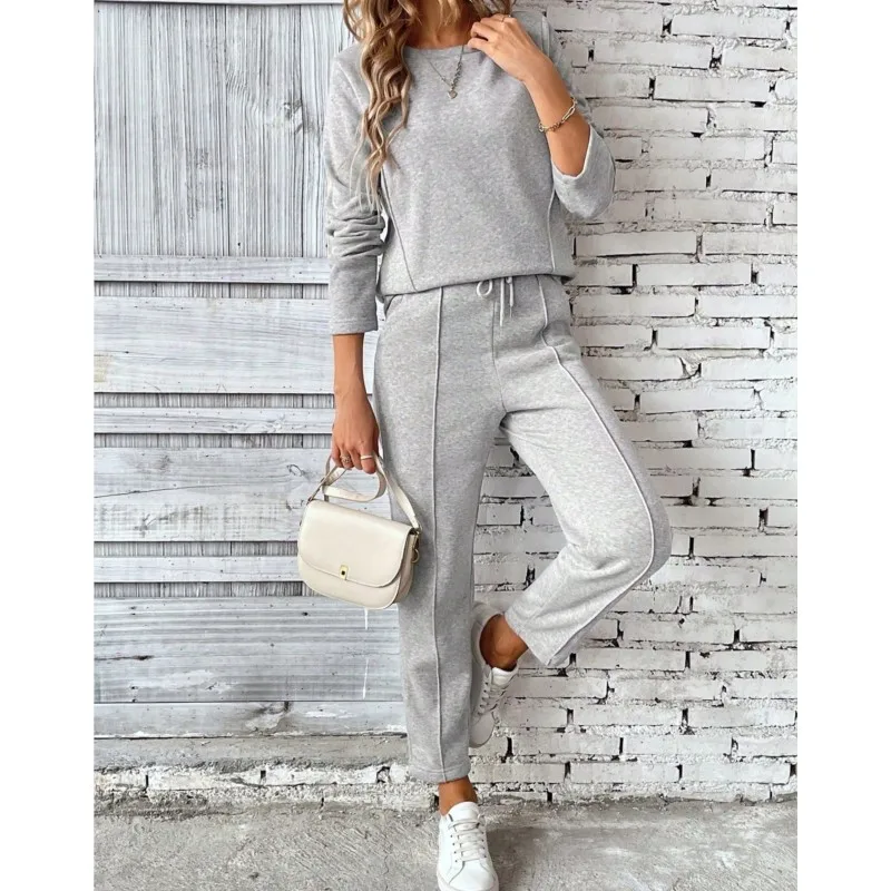 

Простой свитшот + брюки для бега, женский новый повседневный комплект с длинными рукавами и завязками на талии, осенняя уличная одежда, комплект из двух предметов
