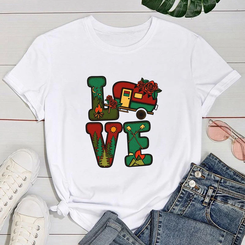 

(Premium T-shirt)Women'S Fashion Funny Camping Love Letters Print Women Tshirt Casual Funny T Shirt For Lady Girl Top Tee