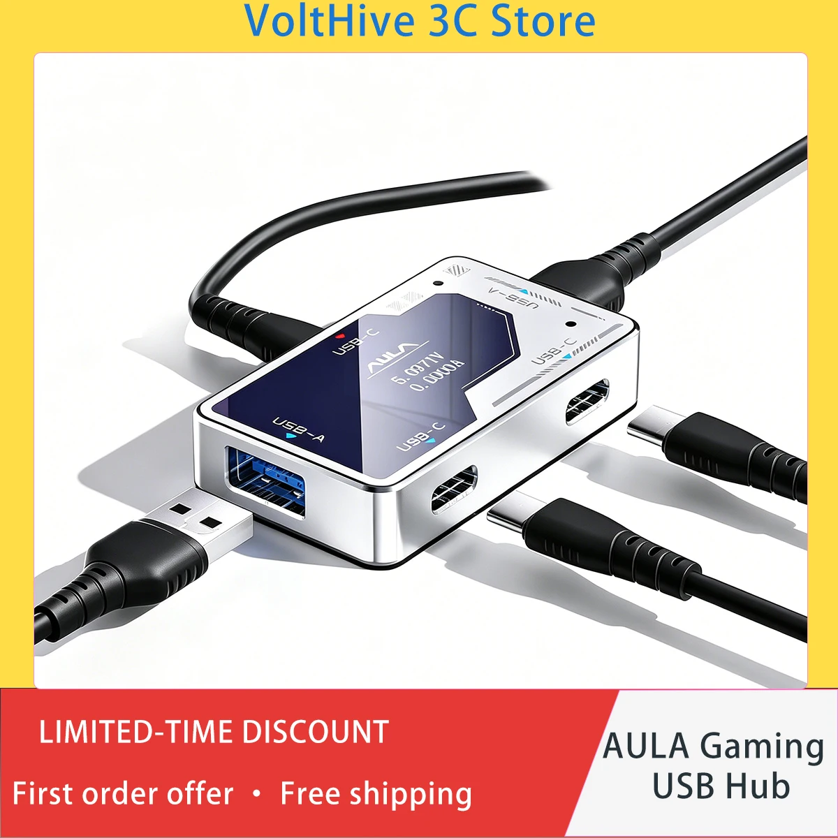 AULA Gaming USB Hub 2 USB‑A 3 Type‑C Ports 8000Hz Current Voltage Display Aluminum Alloy for Magnetic Keyboard PC Gamer Gifts