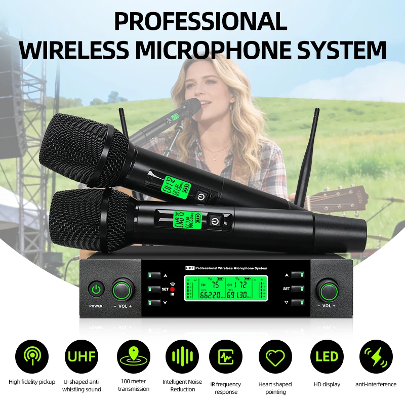 Professional Wireless Microphone UHF2 Channel Metal Handheld Home Karaoke Singing Stage Performance DJ Microphone