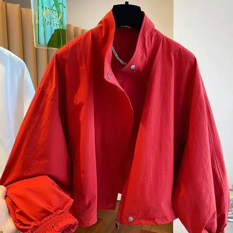 

2025 New Red Stand Up Collar For Women In Spring Autumn Coat Loose Casual Short And Thin Jacket Top Female