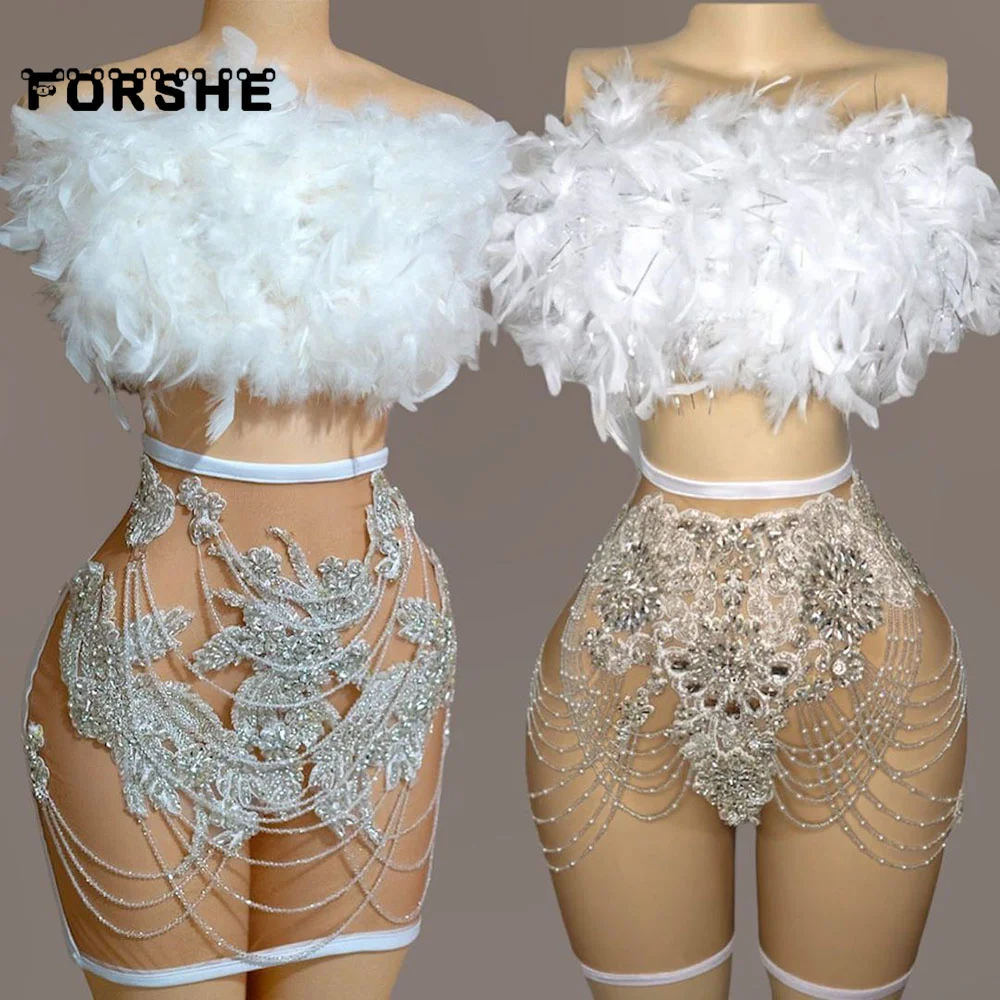 Luxury White Birthday Outfits For Women Rhinestone Feathers Short Cocktail Dresses Party Wear Short Prom Gowns Customized