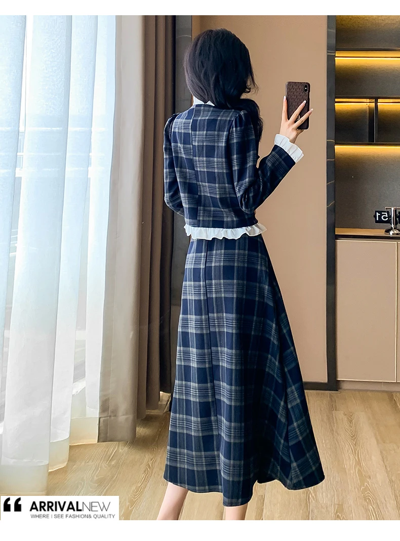 New Luxury Autumn Plaid Two Piece Set Designer Women Ruffles Single Breasted Short Tops + High Waist A Line Pleated Skirts Suits