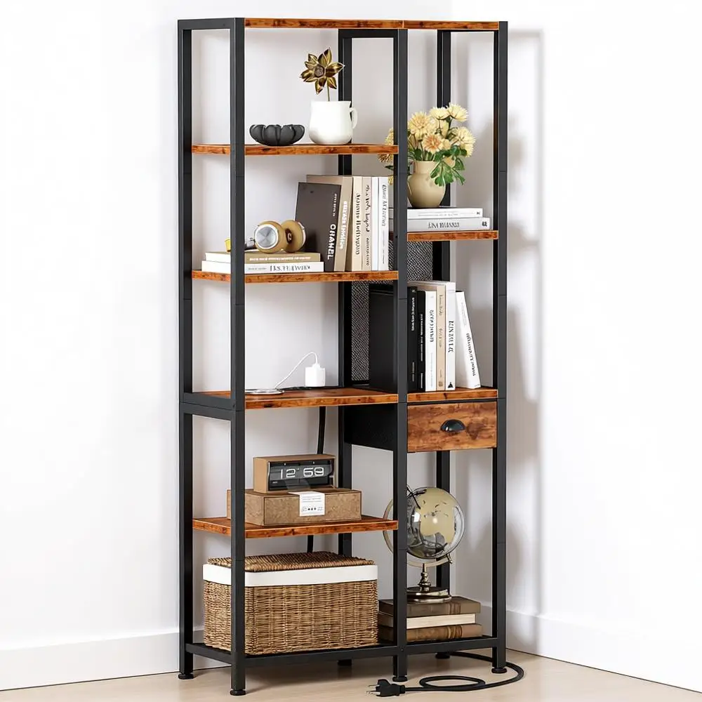 

6-ярусная книжная полка с USB-портами и розеткой, зарядной станцией, полками для хранения для спальни, домашнего офиса, гостиной, ванной комнаты