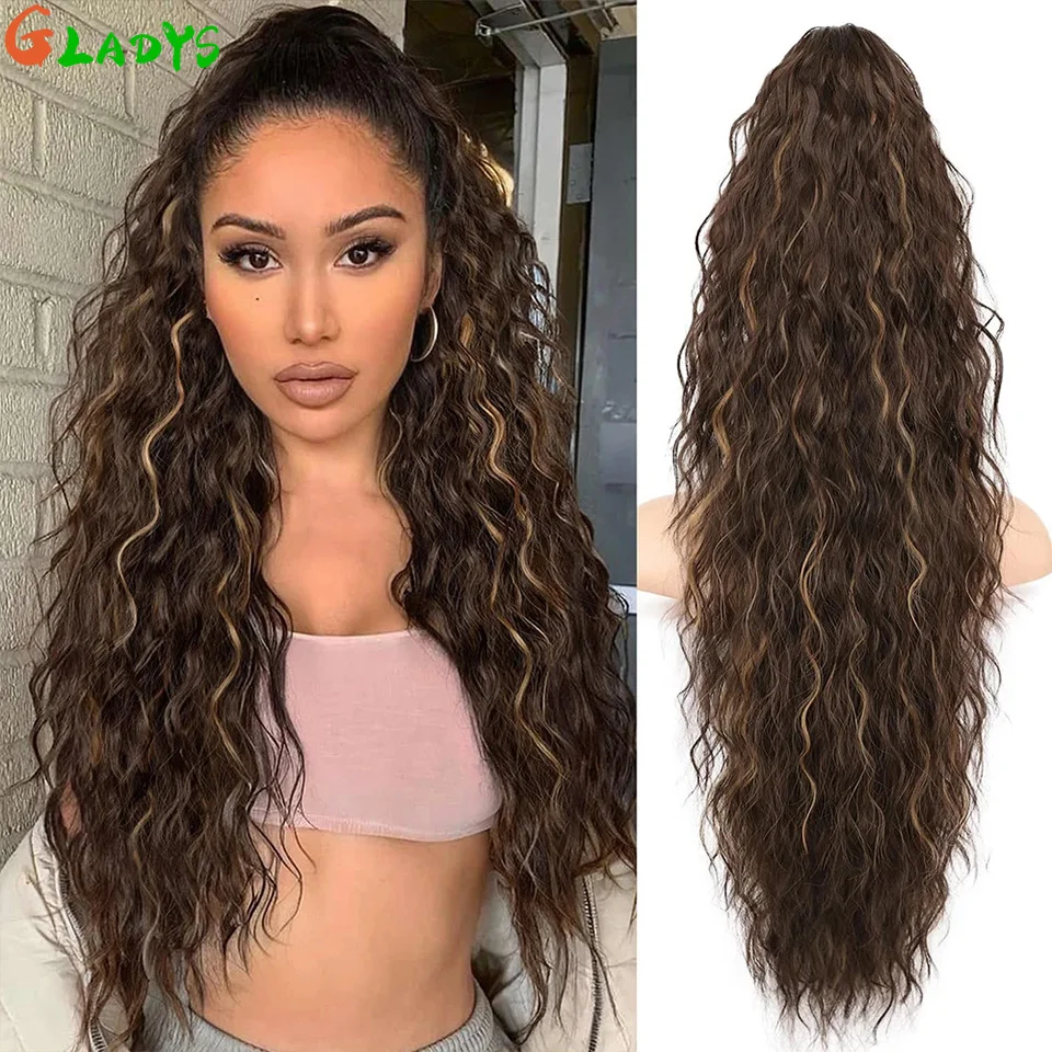 

28 Inch Drawstring Curly Ponytail Extensions Synthetic Clip In Pony Tail For Black Women Long Wavy Fake Hairpieces For Afro Girl