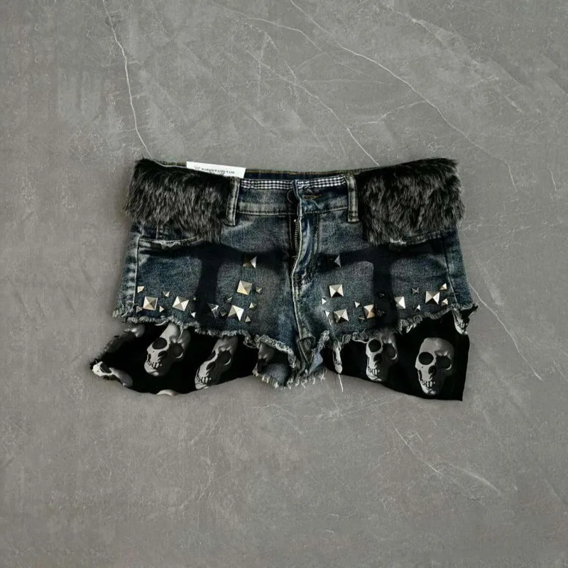 

High Street Hottie Jeans American Retro Subculture Handmade Rivet Patchwork Shorts Punk Harajuku Skull Print Denjean Shorts