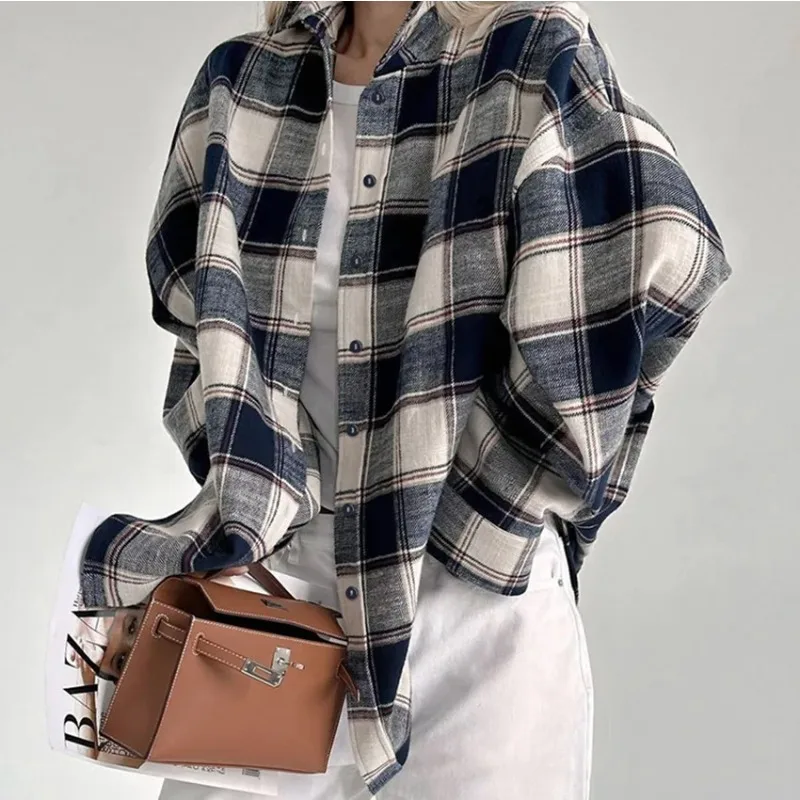 

2026 Spring Autumn New Cotton Plaid Long Sleeved Shirt Loose Casual Fashion Lazy Style Large Plaid Shirt Commuter Coat