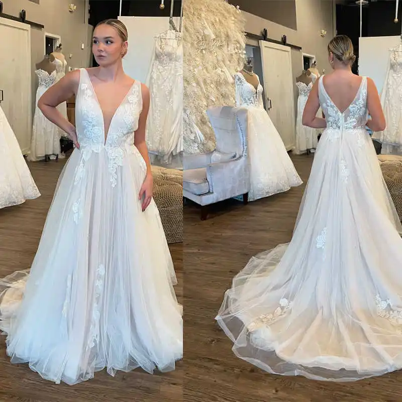 夏 A ラインのウェディングドレスディープ V ネックレースアップリケブライダルドレスカスタマイズされたビーチ背中の開いた花嫁ドレス
