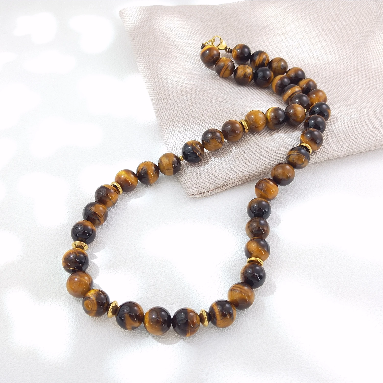 Lii Ji 12mm Tiger Eye's Stainless Steel Necklace 57cm Natural Stone Trendy Bohe Necklace For Male