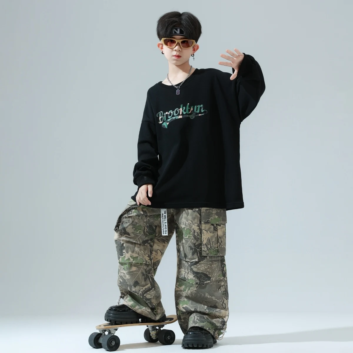 Kinder Kostüme Schwarz Langarm Tops Camouflage Cargo Hosen Street Dance Hip Hop Kinder Jazz Dance Performance Tragen DN20109