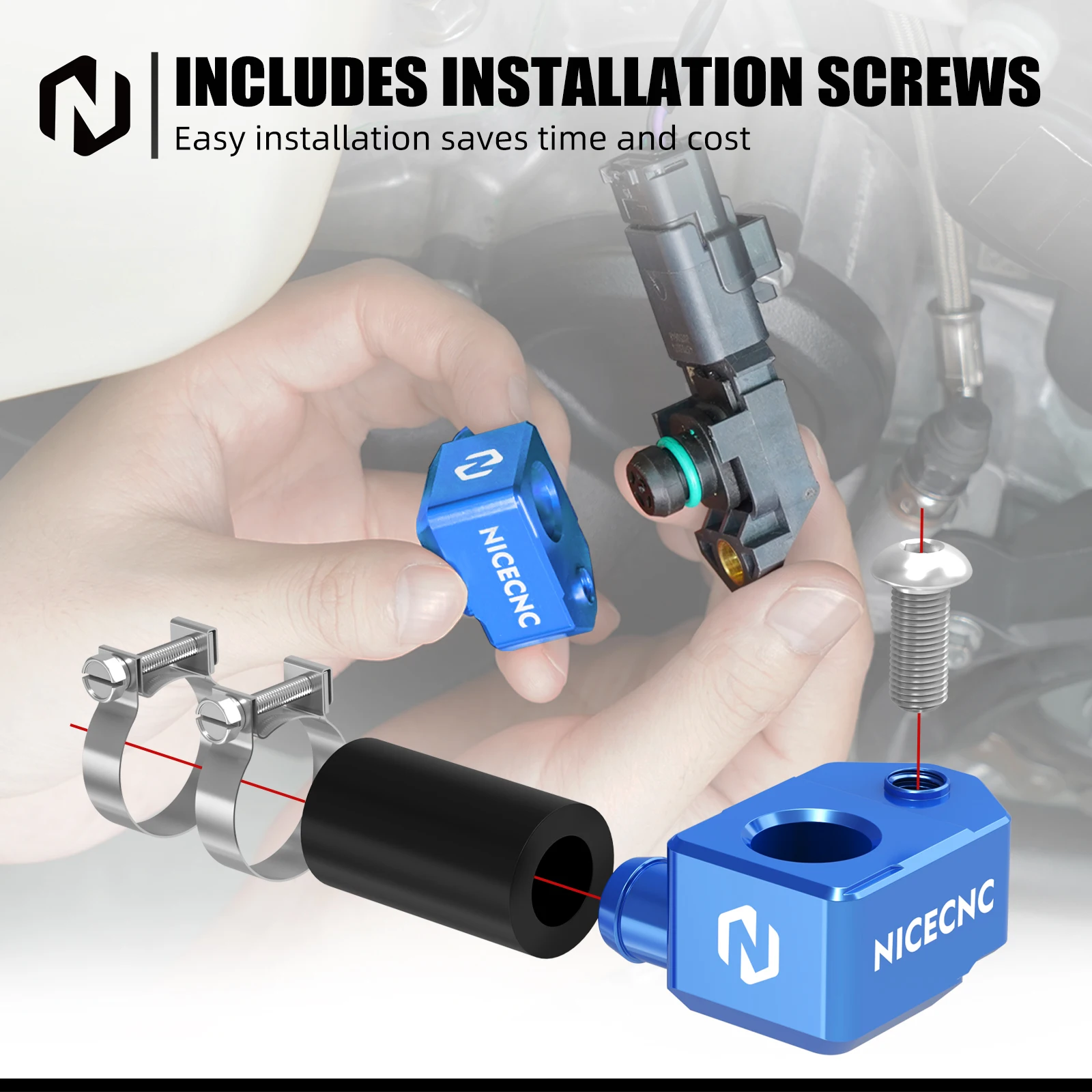 NICECNC TBI High Flow Fuel Rail & Crankcase Pressure Sensor Bracket For Husqvarna TE300 TE250 2024-2025 TC125 TC250 TX300 23-25