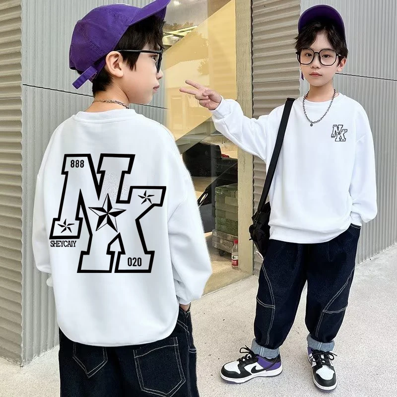 Autumn Boys Cotton Sweatshirts 6-12T Autumn Long Sleeved Cool Top for Kids Grey Trendy Printed Sportswear Children's Clothing