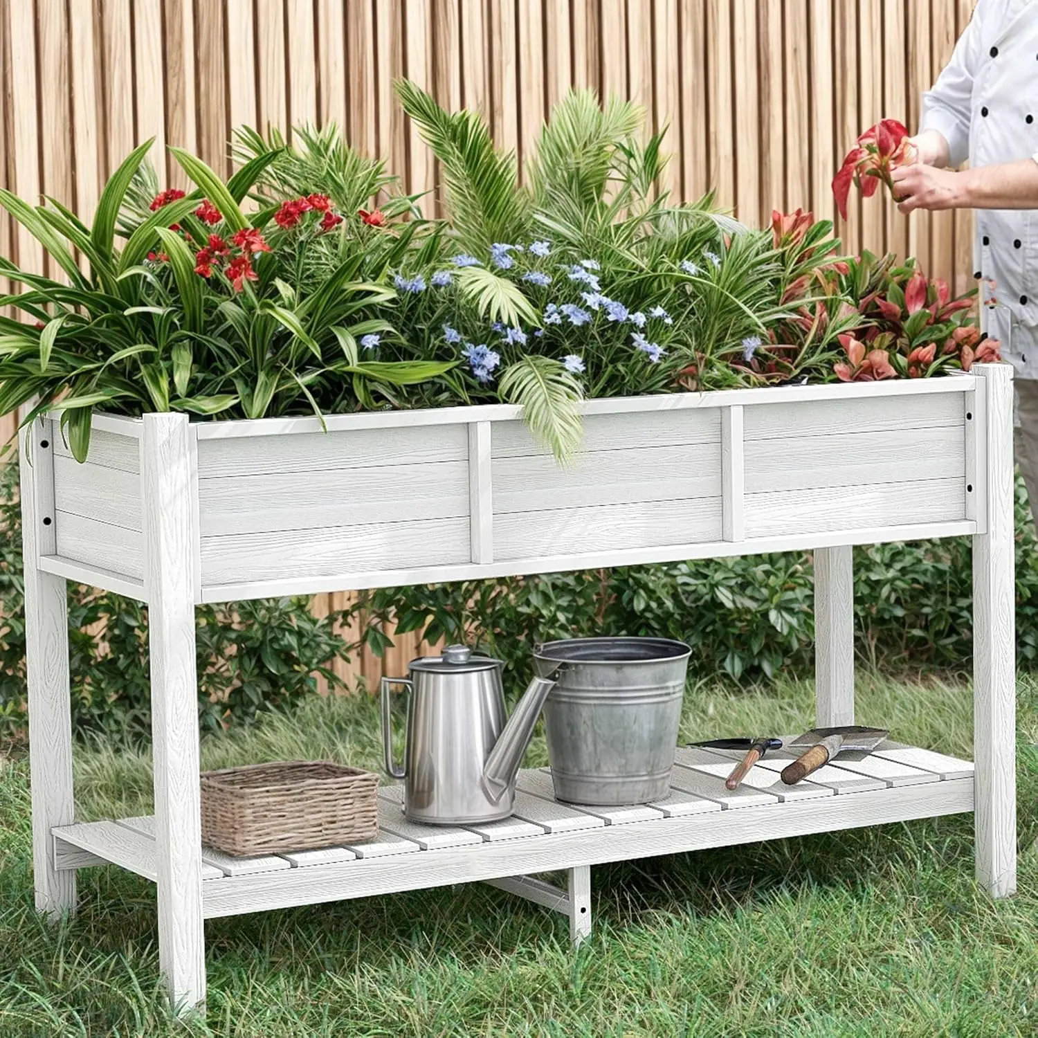 

Raised Garden Bed, 47x18x31 Inch HIPS Poly-Wood Weather-Resistant Elevated Planter Box with Storage Shelf for Vegetable Flower,