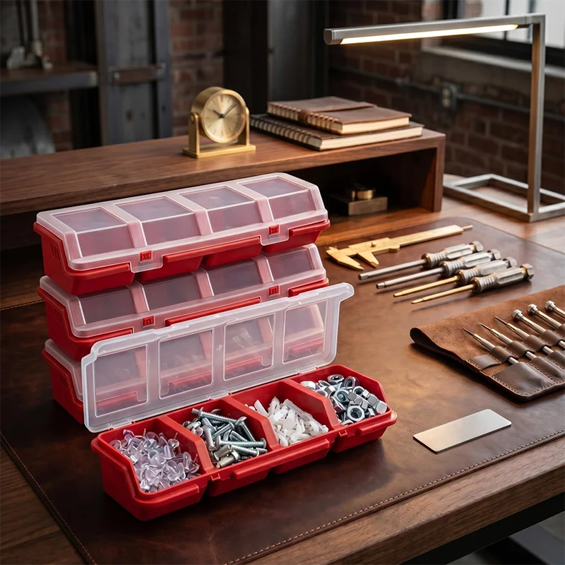 1Pc Plastic Screw Organizer Box with 4 Compartments Portable Tool Parts Storage Bin with Lid for Hardware Small Parts Display