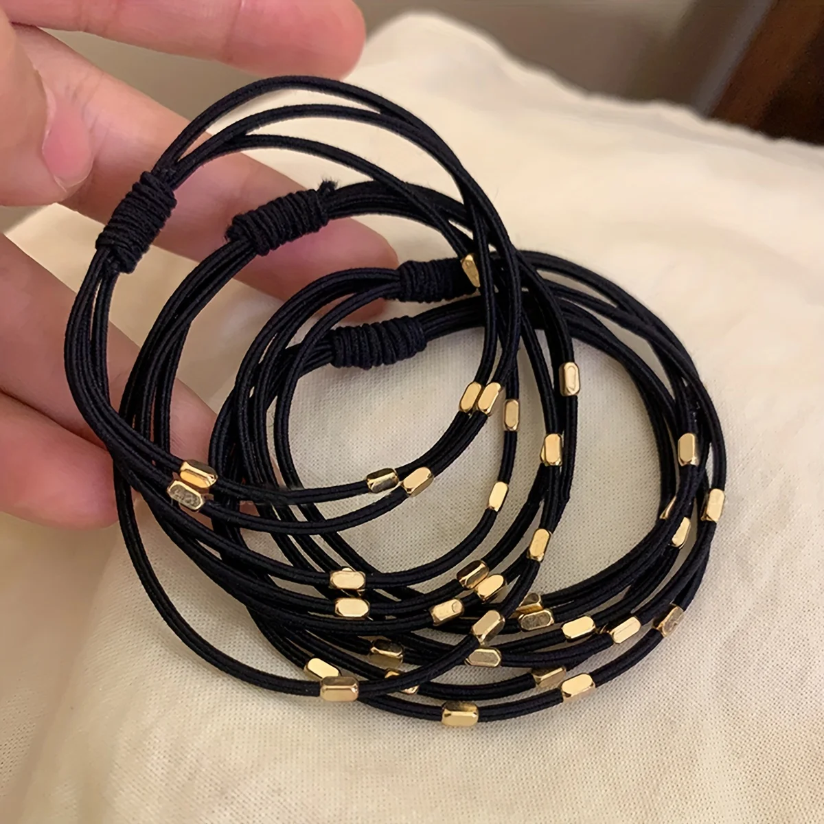 4 Small Gold Bead Hair Ties for Women, High Elastic Headwear, Black Basic Hair Rope, Rubber Band, Hair Headband Accessories