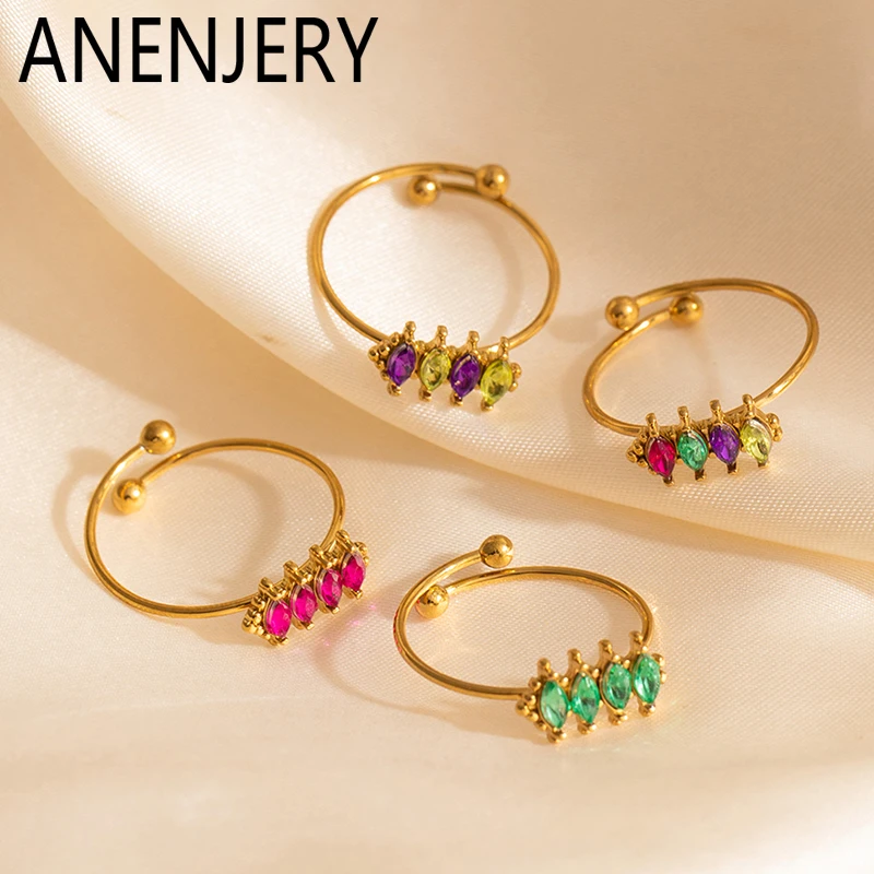 ANENJERY 316L Stainless Steel Colorful Water Droplet Zircon Open Ring For Women Personality Fashion Unique Niche Jewelry Gifts