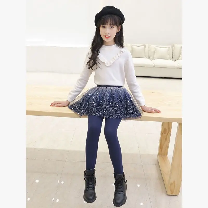 Kid Girls Lace Legging Pants 2024 New Children Autumn Skirt Pants Navy Sequin Legging Dance Clothing Tutu Skirt Pants