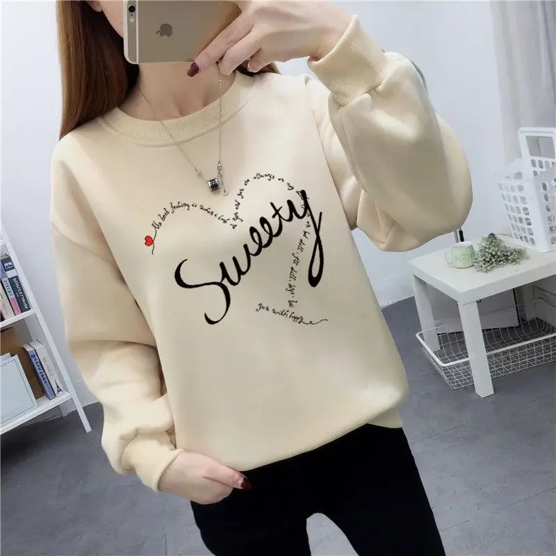 Korean Letter Geometric Printing Autumn Winter Lantern Long Sleeve Pullover Women\'s Clothing Round Neck All-match Hoodies Tops