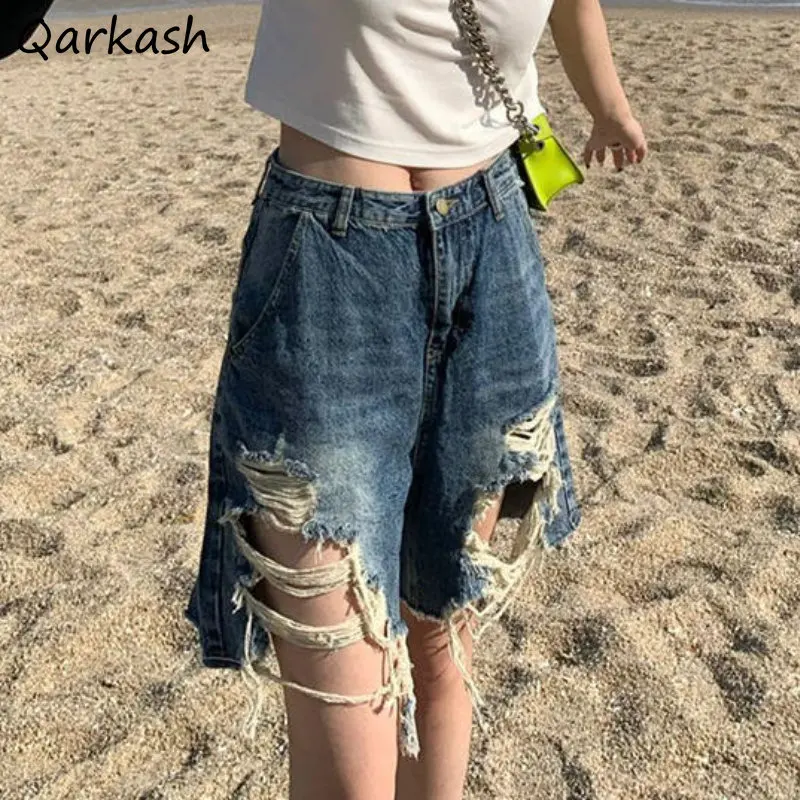 Ripped Denim Shorts Women Loose Chic Fashion Pure High Waist Streetwear Personality All-match Teens Ulzzang Casual Summer Basic