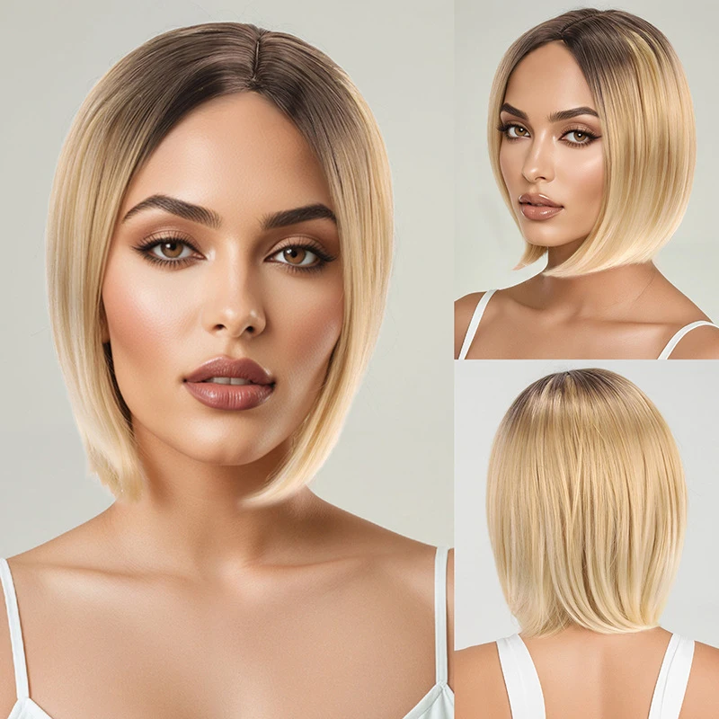 

European and American style golden blonde women's bob wig with a middle parting, shoulder-length, straight, full-head synthetic