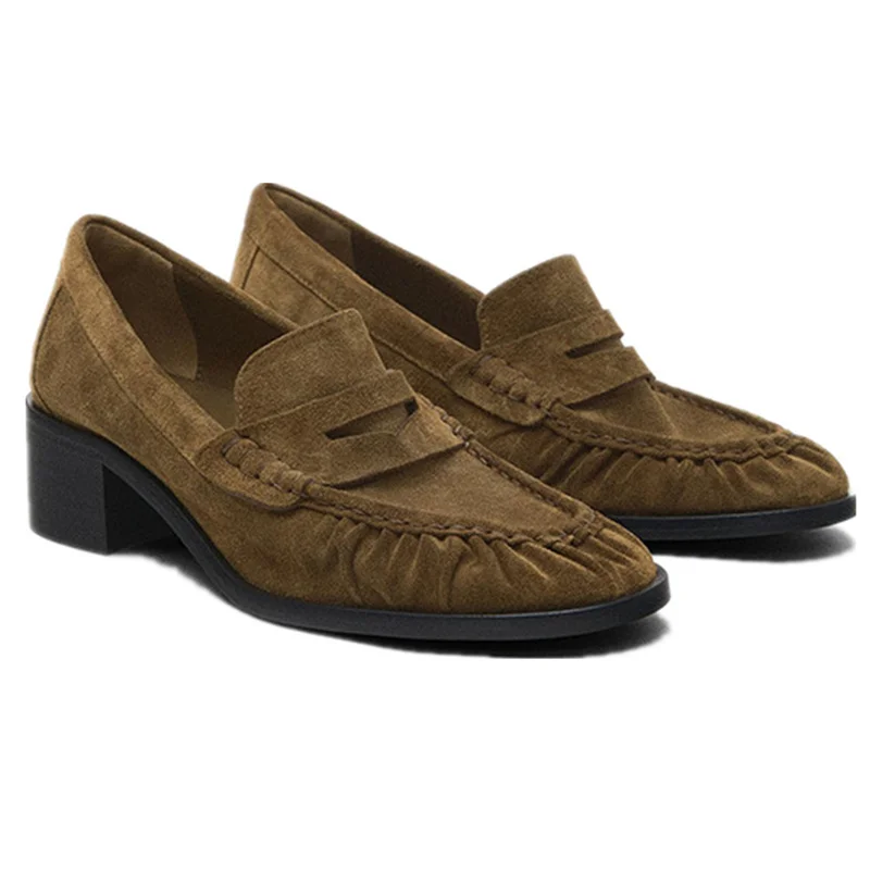 

Withered Minimalist Women's Shoes Retro Slip-on Round Toe Thick Heel Shoes Commuter Genuine Leather Suede Loafers Women