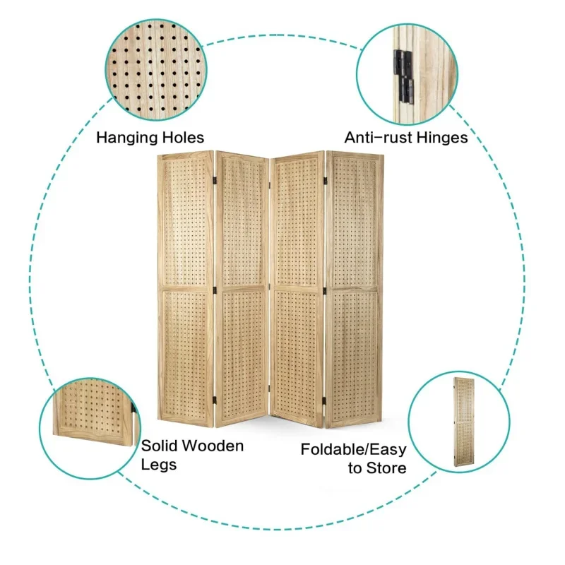 4 Panel Pegboard Display, Peg Board Room Divider Pegboard Freestanding Folding Privacy Screens Pegboard Display Stand