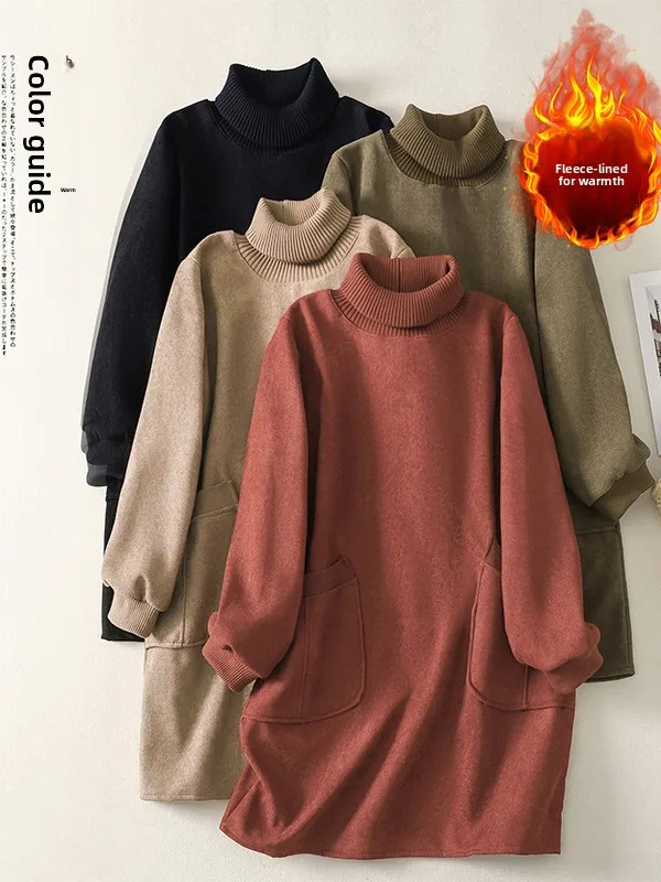 Thiened Fce Sweatshirt Dr feminino outono inverno solto gola alta camada base saia calor casual linha A Dr