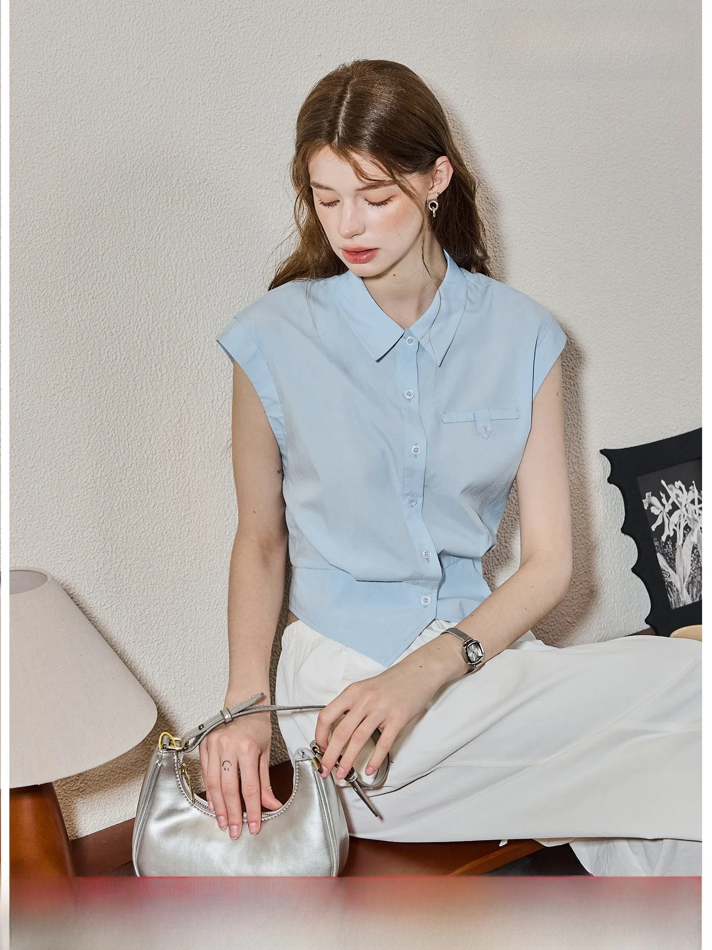 

KuNMaVi Korean Style Intellectual Collar Shirt Women's Summer New Raseel Cotton Elegance Small Shirt Breathable Skin-Friendly