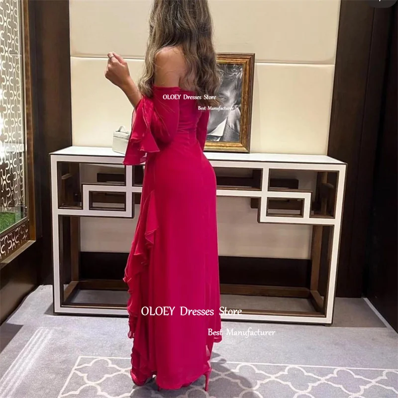 OLOEY Vintage Halter Fuschia Prom Party Dresses Saudi Arabic Women Long Sleeves Split Ankle Evening Gowns Formal Occasion