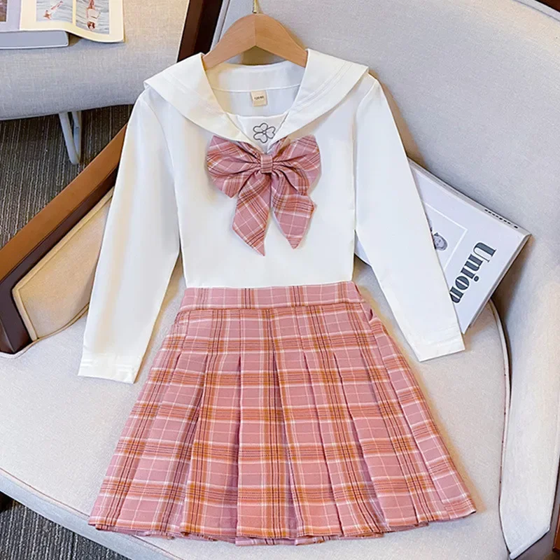 

2025 girls autumn winter bow white sailor blouse shirt + jk plaid pleated skirt toddler teenager children set 8 9 10 11 12 year