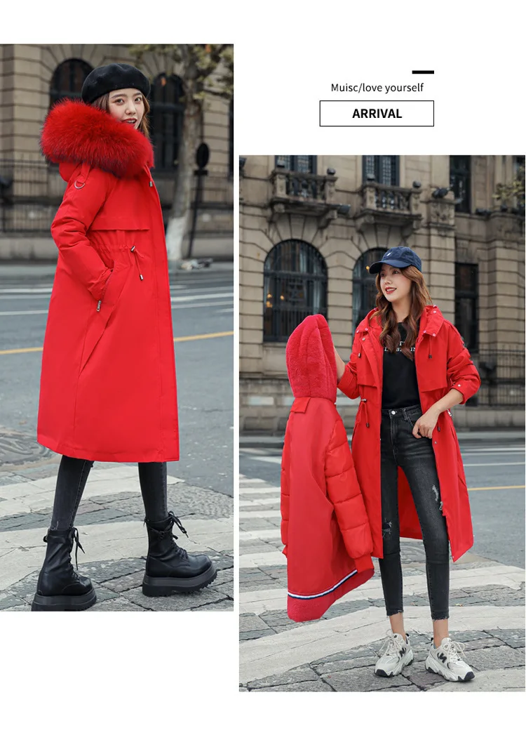 Women Hooded Parkas Coats Long Jackets Solid Detachable Big Fur Lenth Collar Zipper Drawstring Slim Fit Thick Casual 2025 Winter