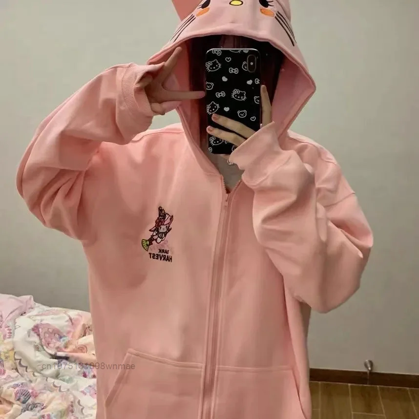 Hooded Zipper Sweatershirt for Women, Loose Oversize Coat, Halloween, Flying Broom, Hello Kitty, Sanrio, Cute, Fashion Hoodies