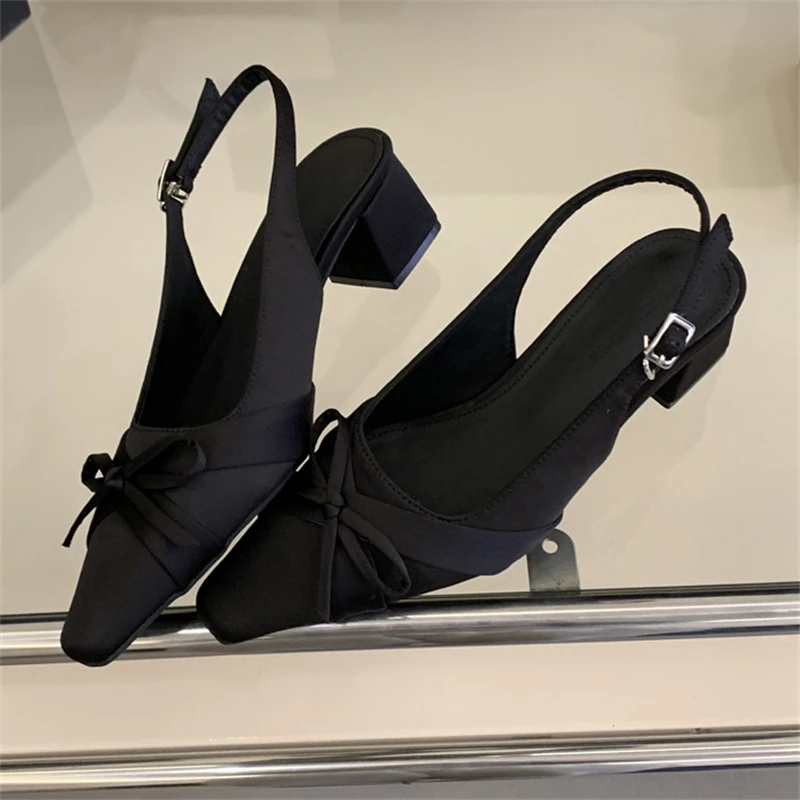 Women's Square Toe Satin Bow Decor Slingback Buckle Block Heel Pumps Elegant Office Footwear Drop Shipping Fast Ship Free Gift view 6