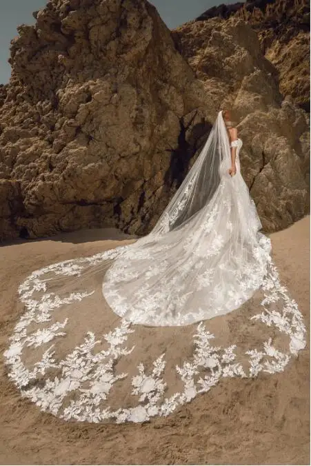 Velo de novia largo con peine, velo de tul suave de 1 nivel, de encaje festoneado Floral, elegante, velo de novia blanco, marfil, personalizado, 300cm, 4M, 5M