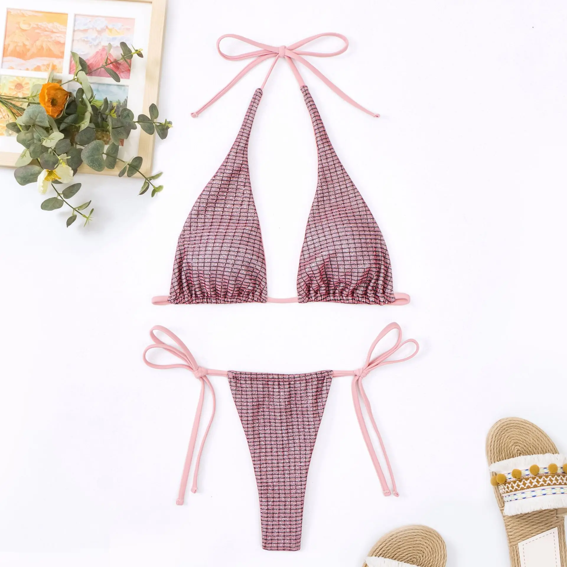 Sexy brokatowy halter triangle micro mini bikinis zestawy dwuczęściowy kostium kąpielowy damskie stringi stroje kąpielowe biquini