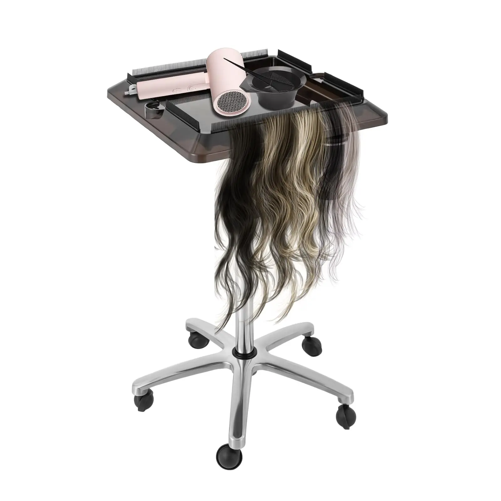 Rolling Salon Tray Cart Height Adjustable 27.6-43.3inch, Tray on Wheels, Hair Salon Wig Holder Removable Hair Extension Tool Tro